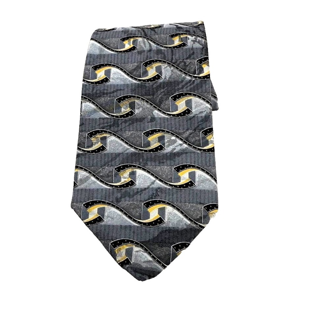 J Ferrar Made in Italy Silk Tie Gray Film Reel Movie Pattern Wide 4 Inch Yellow